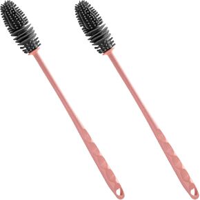 Bottle Brush Silicone 2 Pcs - Bottle Cleaner Brush with Long Handle - Scrubber Brush for Water Bottles - Cups & Thermos Cleaning Brush with Soft Bristles, Pink