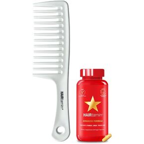 Hairtamin Advanced Vegan Biotin Supplement Pack | Hair, Skin & Nail Vitamins with Gentle Detangling Comb to Promote Growth & Thickness