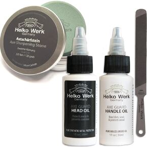 1844 Helko Werk Germany Premium Axe Care and Maintenance Kit includes Axe Sharpening Stone, Sharpening File, Handle Oil, Head Oil, Blade Cleaner, Sand Paper, Wedges (Premium Maintenance Kit) #F8790-2