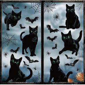 Halloween Window Cling Stickers Realistic Black Cat Bats Spiderweb Window Decals Double-Sided Reusable Window Decor for Party Home Office Classroom, 4 Sheets