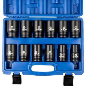 LLNDEI 3/4 inch Drive Impact Socket Set, 12 Piece Heavy Duty CR-MO Deep/Jumbo Sockets 6 Point Design, SAE 3/4" to 1-9/16", for Large Vehicle and Apparatus Maintenance