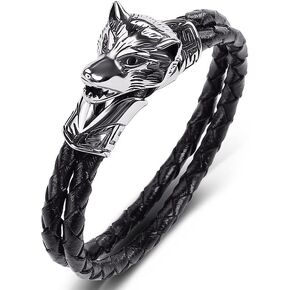 Wolf Bracelet Stainless Steel Leather Braided Bracelet Punk Jewelry for Mens