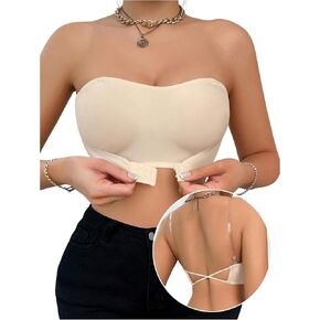 WDIRARA Women's Strapless Front Closure Bra Cross Strappy Back Wireless Bottom Hem Bras