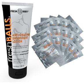 Fresh Balls Anti Chafing Lotion, 3.4oz and 0.07oz On-The-Go Travel Size Packet (15 Pack) - Chafing Cream to Powder Ball Deodorant for Men - Aluminum-Free, Talc-Free