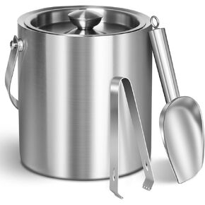 Ice Bucket with Lid & Tong- Well Made Insulated Stainless Steel Keep Ice Frozen Longer - Ideal for Cocktail Bar, Parties, Chilling Wine, Champagne - 3 Liter (Stainless Steel)