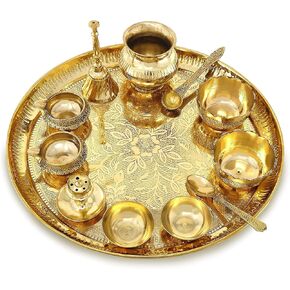 NOBILITY Brass Pooja Thali Set 12 Inch with Pital Puja Plate Kalash Bowl Spoon Palli Ghanti Kuber Diya Chandan Wati Dhup Dan Arti Thali for Diwali Home Office Mandir Wedding Return Gift Items