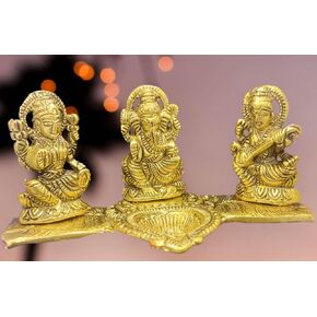 Metal Laxmi Ganesh Saraswati Idol Diya Oil Lamp Deepak -8 in X 4 in X 4 in Metal Lakshmi Ganesha Showpiece Statue - Traditional Diya for Diwali Puja - Diwali Home Decoration Items Gifts