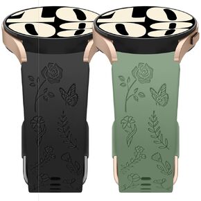 2 Pack Floral Butterfly Engraved Bands Compatible with Samsung Galaxy Watch 7 Bands 40mm/44mm, Galaxy Watch 6 Bands 40mm 44mm, Galaxy Watch 5/4 Bands Wristbands for Women