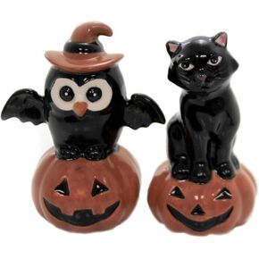 Fine Ceramic Thanksgiving Halloween Black Cat & Owl on Pumpkin Salt & Pepper Shakers Set, 3-3/4" H