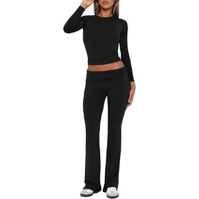 Women's Fold-over Flare Pants Set 2 Piece Lounge Outfits Ribbed Knit Pajamas Set High Waisted Leggings Sets