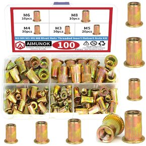 100pcs Rivet Nut Assortment Kit - M3 M4 M5 M6 M8 Durable Carbon Steel, Rust-Resistant, Multi-Size Inserts for Automotive, Furniture, and More