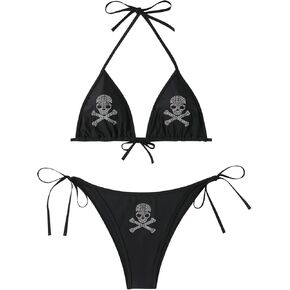 WDIRARA Women's 2 Piece Swimsuit Plus Size Skull Print Tie Back Halter Knot Side Bikini Set