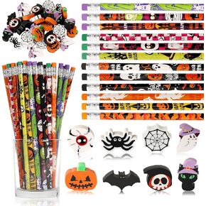 JULMELON 72PCS Fun Cute Pencils for Kids 36PCS Colorful Stripe Pencils with 36PCS Cute Novelty Erasers for Kids School Classroom Christmas Holiday Party Favors Reward Supplies