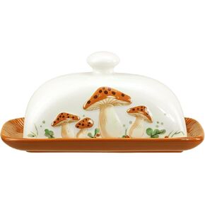 Ceramic Butter Dish with Lid Butter Keeper Butter Plate Tray for Kitchen Countertop Mushroom Pattern Butter Crock Keeper Saver