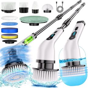 Electric Spin Scrubber Rechargeable Waterproof Scrub Brush with Five-Section LED Power Display, 9 Replaceable Heads, Dual Speed, and Detachable Telescopic Handle for Floor, Wall, Kitchen, Glass, Car