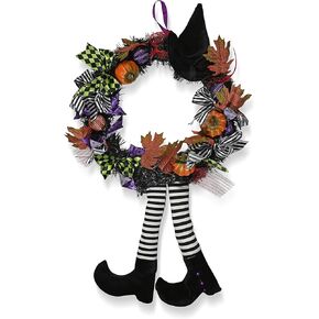 Skeleteen Happy Halloween Witch Wreath - Large 42" Front Door Hanging Witchy Decorations with Pumpkins, Maple Leaves, Witch Hat and Witch Legs Wreath