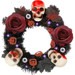 Halloween Wreath with 30 LED Lights, Large Halloween Wreaths for Front Door Light Up Battery Operated,Halloween Decorations Outdoor Indoor Home Party (Skulls and Roses)