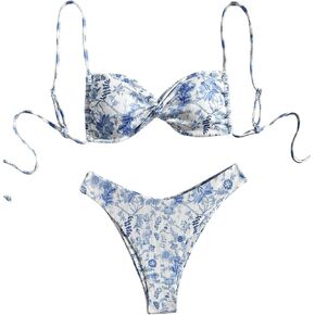 MakeMeChic Women's Bikini Set Graphic Print Twist Front Backless Summer Swimsuit Bathing Suit