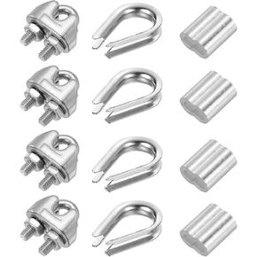 PATIKIL Wire Rope Accessory Set, 304 Stainless Steel 6 Pcs Cable Clip Clamp 6 Pcs Thimble 6 Pcs Aluminum Crimping Loop Sleeve for 4mm/3/16" Cable Rope