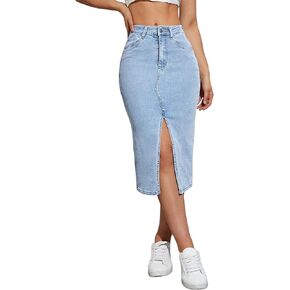Midi Denim Skirt High Waisted Front Split Casual Stretch Knee Length Jean Skirt for Women