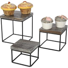 MyGift Rustic Torched Wood Square Cupcake Stand Risers with and Black Metal Wire Legs, Nesting Dessert and Appetizer Display Pedestals for Cakes and Pizza, 3-Piece Set