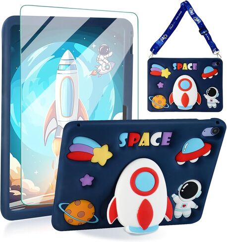 for iPad 9th Generation Case iPad 10.2 Case for Kids with Screen Protector, Kickstand, Shoulder Strap Cute Rocket Stand Silicone Protective Cover for iPad 9th 8th 7th Gen 2021 2020 2019, Blue in Saudi Arabia
