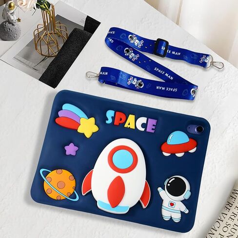 for iPad 9th Generation Case iPad 10.2 Case for Kids with Screen Protector, Kickstand, Shoulder Strap Cute Rocket Stand Silicone Protective Cover for iPad 9th 8th 7th Gen 2021 2020 2019, Blue in Saudi Arabia