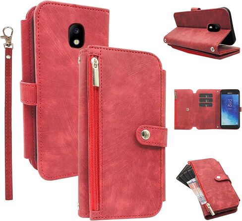 Compatible with Samsung Galaxy J3 Orbit J 3 Star 2018 3J Achieve Wallet Case Flip Card Holder Cell Strap Rugged Wrist Credit Purse Folio Phone Cover for J3V V 3rd Gen SM J337A J337V J337 Men Red in Saudi Arabia