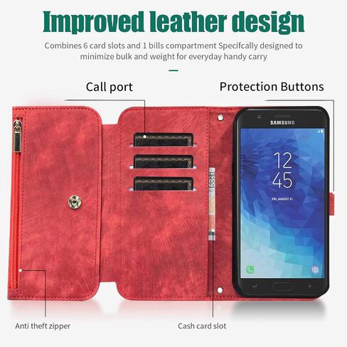 Compatible with Samsung Galaxy J3 Orbit J 3 Star 2018 3J Achieve Wallet Case Flip Card Holder Cell Strap Rugged Wrist Credit Purse Folio Phone Cover for J3V V 3rd Gen SM J337A J337V J337 Men Red in Saudi Arabia
