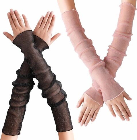 2 Pairs Women's Long Ultra-thin Lace Gloves Sun UV Protection,Tulle Sunscreen Sleeves Fingerlesss Arms in Saudi Arabia