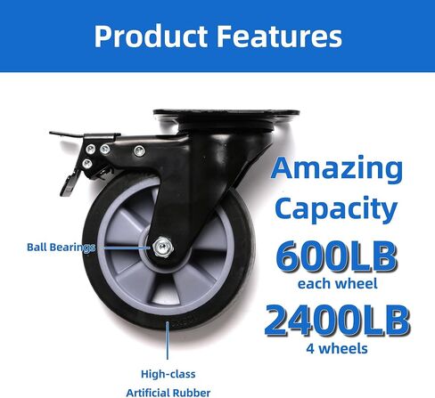 YingGate Swivel Caster Wheel for Cart, 5 Inch Industrial Casters Set of 4 - Heavy Duty Top Plate Casters with Brake 2400 Lbs, 360 Degree Polyurethane Wheels for Cart, Trolleys, Furniture, Equipment in Saudi Arabia