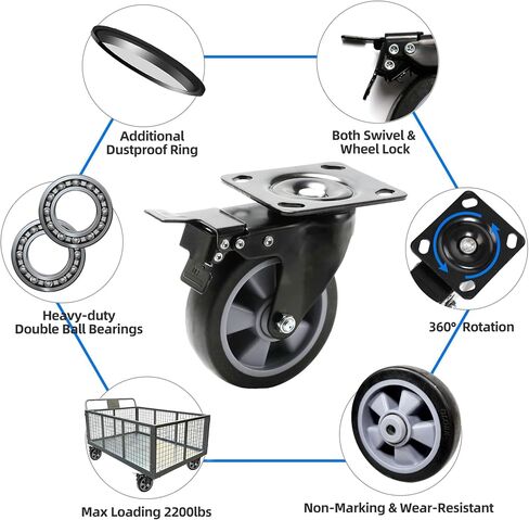 YingGate Swivel Caster Wheel for Cart, 5 Inch Industrial Casters Set of 4 - Heavy Duty Top Plate Casters with Brake 2400 Lbs, 360 Degree Polyurethane Wheels for Cart, Trolleys, Furniture, Equipment in Saudi Arabia