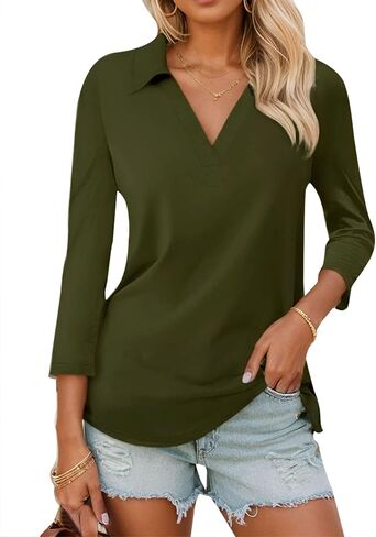 3/4 Sleeve V Neck Polo Shirts for Women Plus Size Casual Loose Fit T-Shirt Trendy Comfy Cute Blouse with Collar in Saudi Arabia