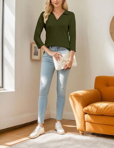 3/4 Sleeve V Neck Polo Shirts for Women Plus Size Casual Loose Fit T-Shirt Trendy Comfy Cute Blouse with Collar in Saudi Arabia