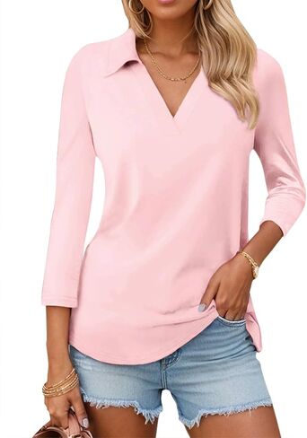 3/4 Sleeve V Neck Polo Shirts for Women Plus Size Casual Loose Fit T-Shirt Trendy Comfy Cute Blouse with Collar in Saudi Arabia