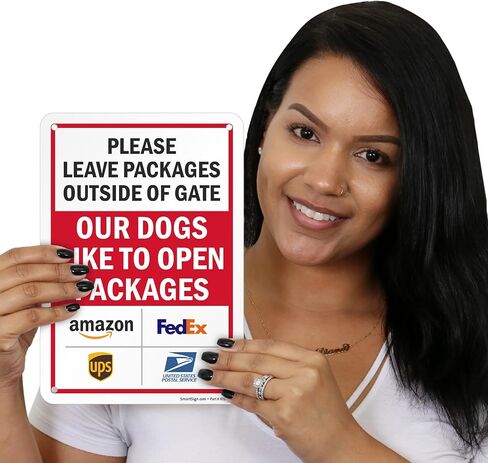 SmartSign Leave Packages Outside Gate Dogs Like To Open Packages Sign with Delivery Partner Logos - 10" x 7", 40 mil Laminated Aluminum - Metal Sign for Outdoors, Porch, Gated Entrances, USA-Made in Saudi Arabia