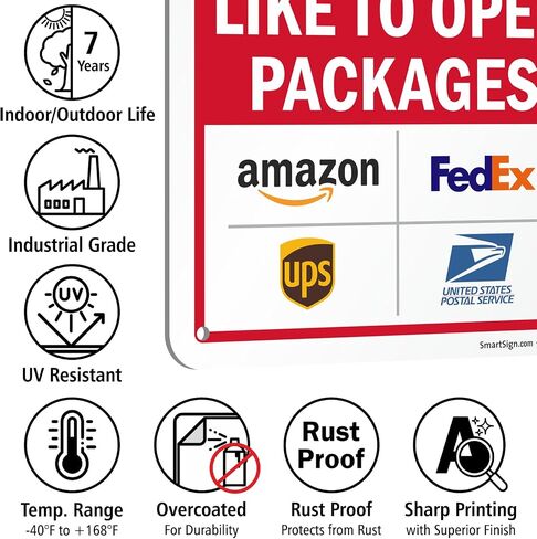 SmartSign Leave Packages Outside Gate Dogs Like To Open Packages Sign with Delivery Partner Logos - 10" x 7", 40 mil Laminated Aluminum - Metal Sign for Outdoors, Porch, Gated Entrances, USA-Made in Saudi Arabia
