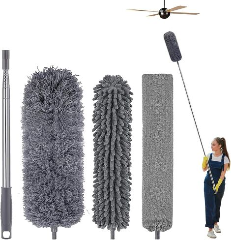 4Pcs Microfiber Duster Kit for High Ceiling with Extension Pole 30-110 Inches,Retractable Gap Dust Brush Cleaner Long Feather Duster for Cleaning Cobweb, Blinds, Furniture,Car, Gray in Saudi Arabia