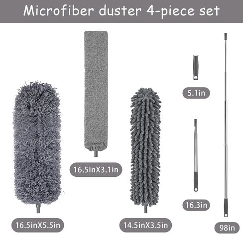 4Pcs Microfiber Duster Kit for High Ceiling with Extension Pole 30-110 Inches,Retractable Gap Dust Brush Cleaner Long Feather Duster for Cleaning Cobweb, Blinds, Furniture,Car, Gray in Saudi Arabia