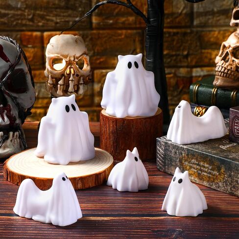 6 قطع من ديكورات الهالوين المضيئة للأشباح والأشباح والأشباح والقطط والأشباح الملونة LED للهالوين تمثال شبح صغير لطيف لديكور المنزل على سطح الطاولة والهالوين in Kuwait