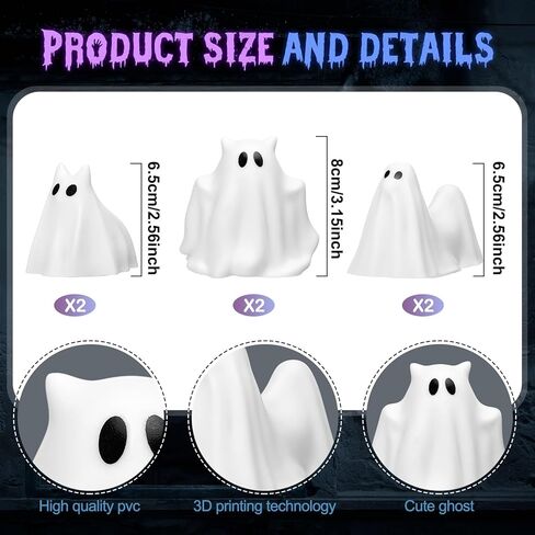 6 قطع من ديكورات الهالوين المضيئة للأشباح والأشباح والأشباح والقطط والأشباح الملونة LED للهالوين تمثال شبح صغير لطيف لديكور المنزل على سطح الطاولة والهالوين in Kuwait