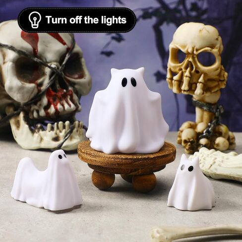 6 قطع من ديكورات الهالوين المضيئة للأشباح والأشباح والأشباح والقطط والأشباح الملونة LED للهالوين تمثال شبح صغير لطيف لديكور المنزل على سطح الطاولة والهالوين in Kuwait