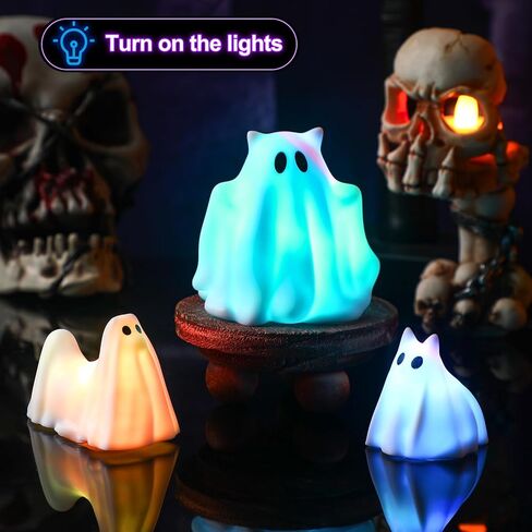 6 قطع من ديكورات الهالوين المضيئة للأشباح والأشباح والأشباح والقطط والأشباح الملونة LED للهالوين تمثال شبح صغير لطيف لديكور المنزل على سطح الطاولة والهالوين in Kuwait