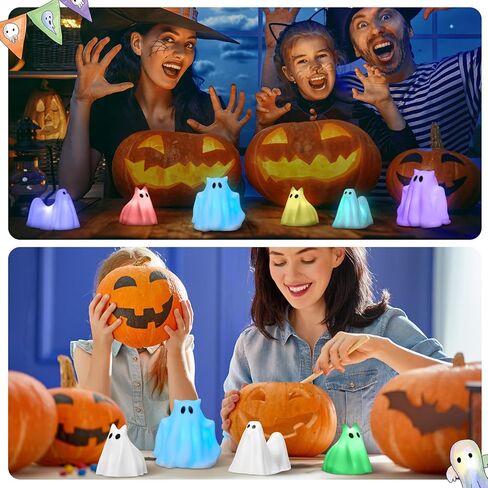6 قطع من ديكورات الهالوين المضيئة للأشباح والأشباح والأشباح والقطط والأشباح الملونة LED للهالوين تمثال شبح صغير لطيف لديكور المنزل على سطح الطاولة والهالوين in Kuwait