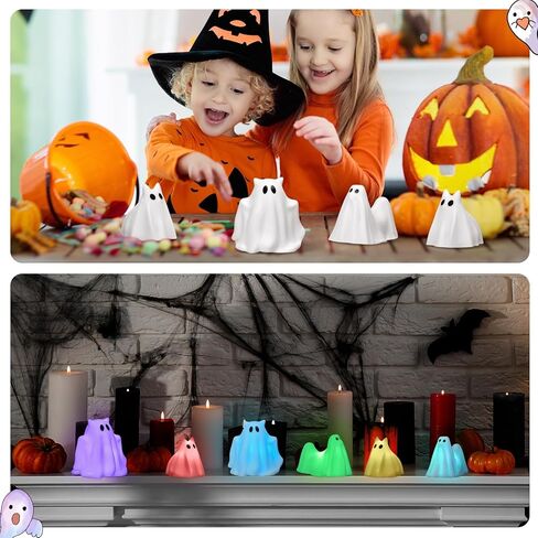 6 قطع من ديكورات الهالوين المضيئة للأشباح والأشباح والأشباح والقطط والأشباح الملونة LED للهالوين تمثال شبح صغير لطيف لديكور المنزل على سطح الطاولة والهالوين in Kuwait