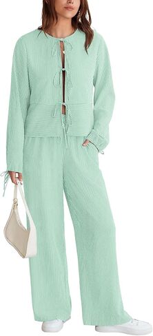 Yousify ملابس نسائية مكونة من قطعتين مخططة بأكمام طويلة وربطات أمامية وسراويل واسعة الساق أطقم صالة PJ ملابس نوم 2024 in Kuwait