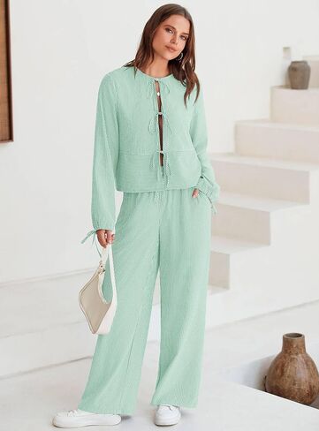 Yousify ملابس نسائية مكونة من قطعتين مخططة بأكمام طويلة وربطات أمامية وسراويل واسعة الساق أطقم صالة PJ ملابس نوم 2024 in Kuwait