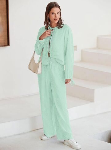 Yousify ملابس نسائية مكونة من قطعتين مخططة بأكمام طويلة وربطات أمامية وسراويل واسعة الساق أطقم صالة PJ ملابس نوم 2024 in Kuwait