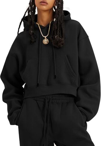 Flygo Womens Fleece Hoodie Sweatshirt Cropped Drawstring Hooded Crop Tops Pullover with Kangaroo Pocket in Saudi Arabia
