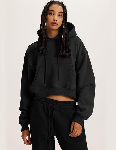 Flygo Womens Fleece Hoodie Sweatshirt Cropped Drawstring Hooded Crop Tops Pullover with Kangaroo Pocket in Saudi Arabia